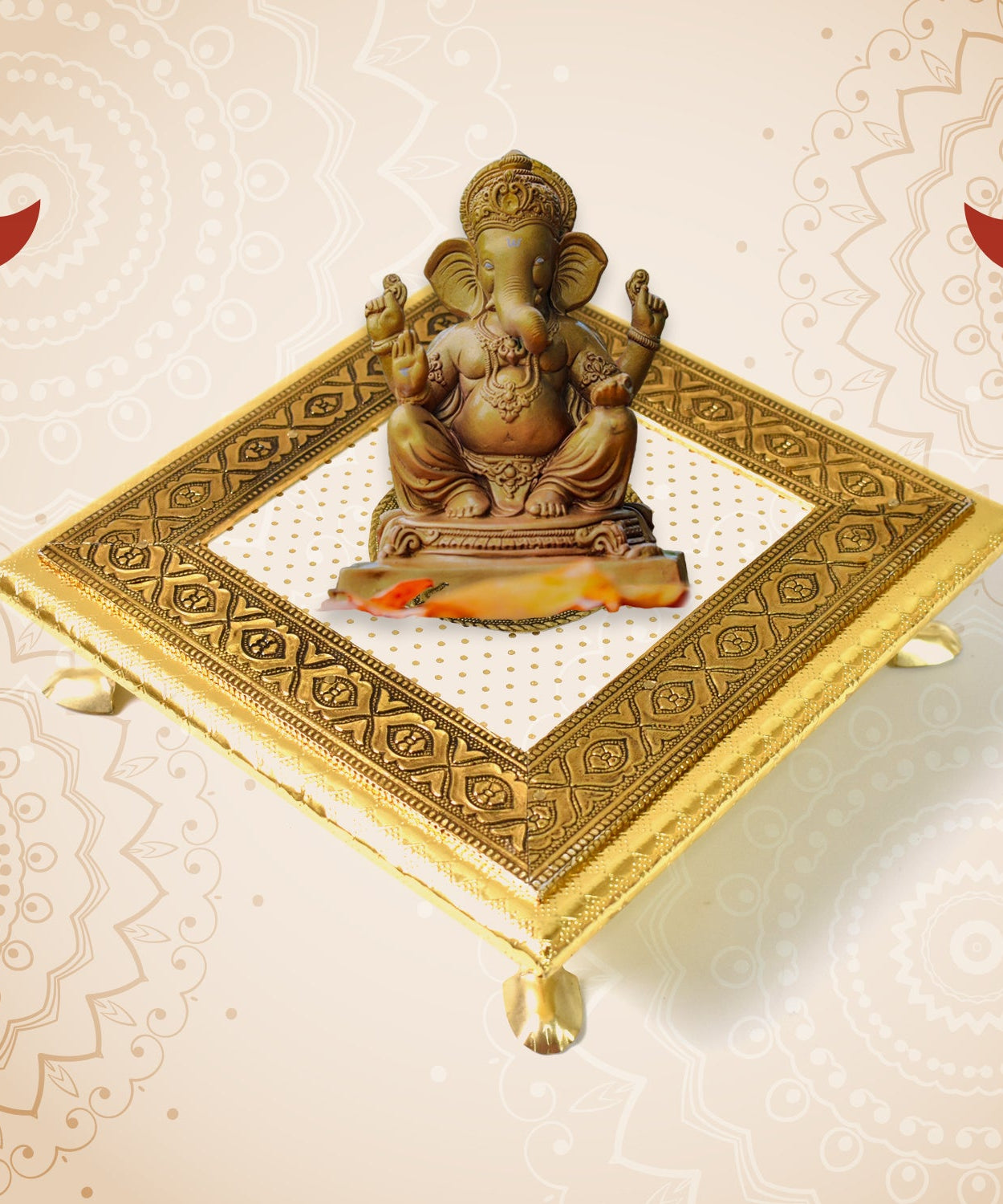 Golden - Square Pooja Chowki Patla / Bajot (20×20 CM / 1 Pc)