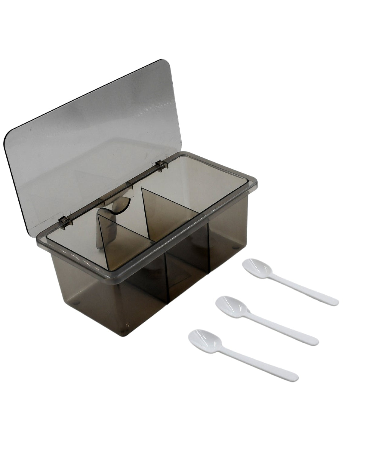 Spice serving set with three sections, lid included, durable for use in bars and restaurants.