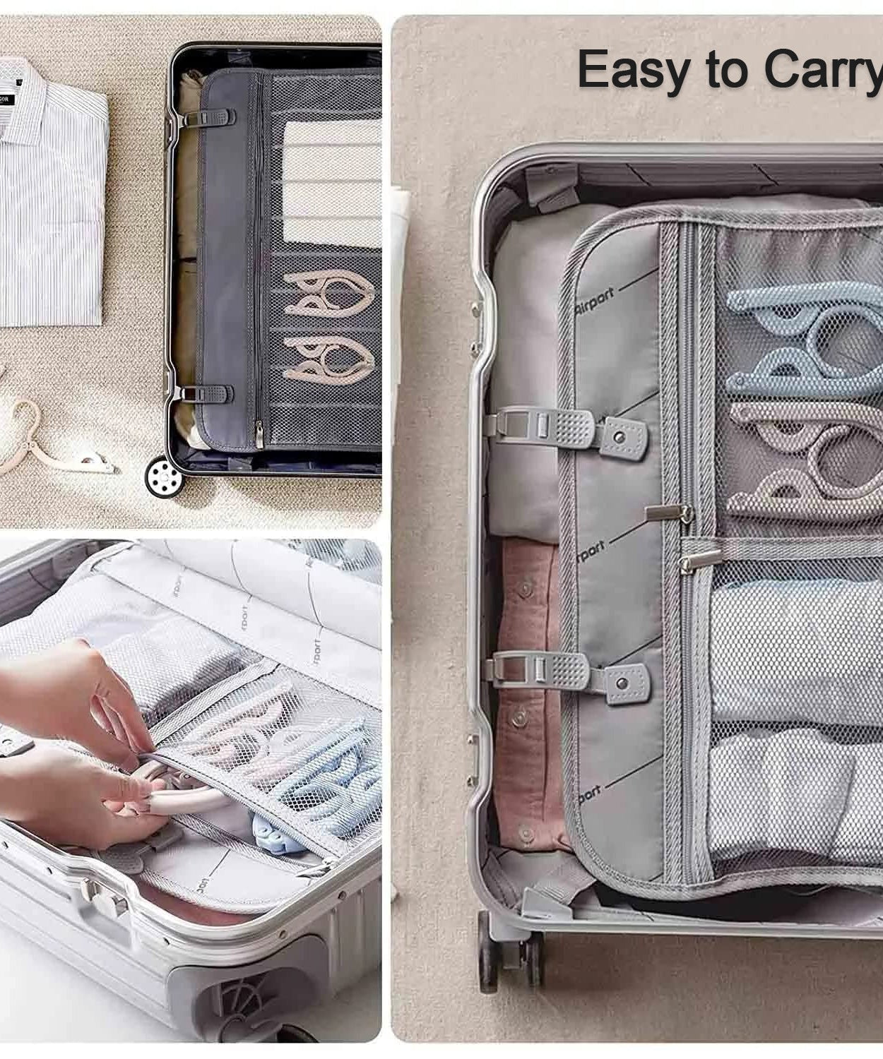 Portable clothes hangers for various garments, foldable and convenient for travel.