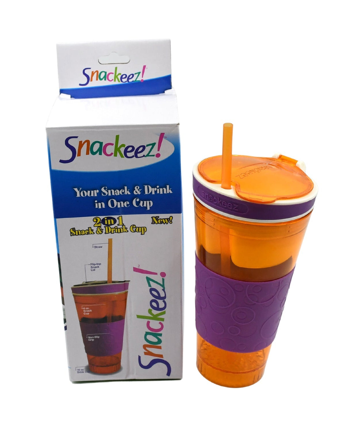 Multi-functional travel cup with snack compartment, perfect for snacks and beverages.