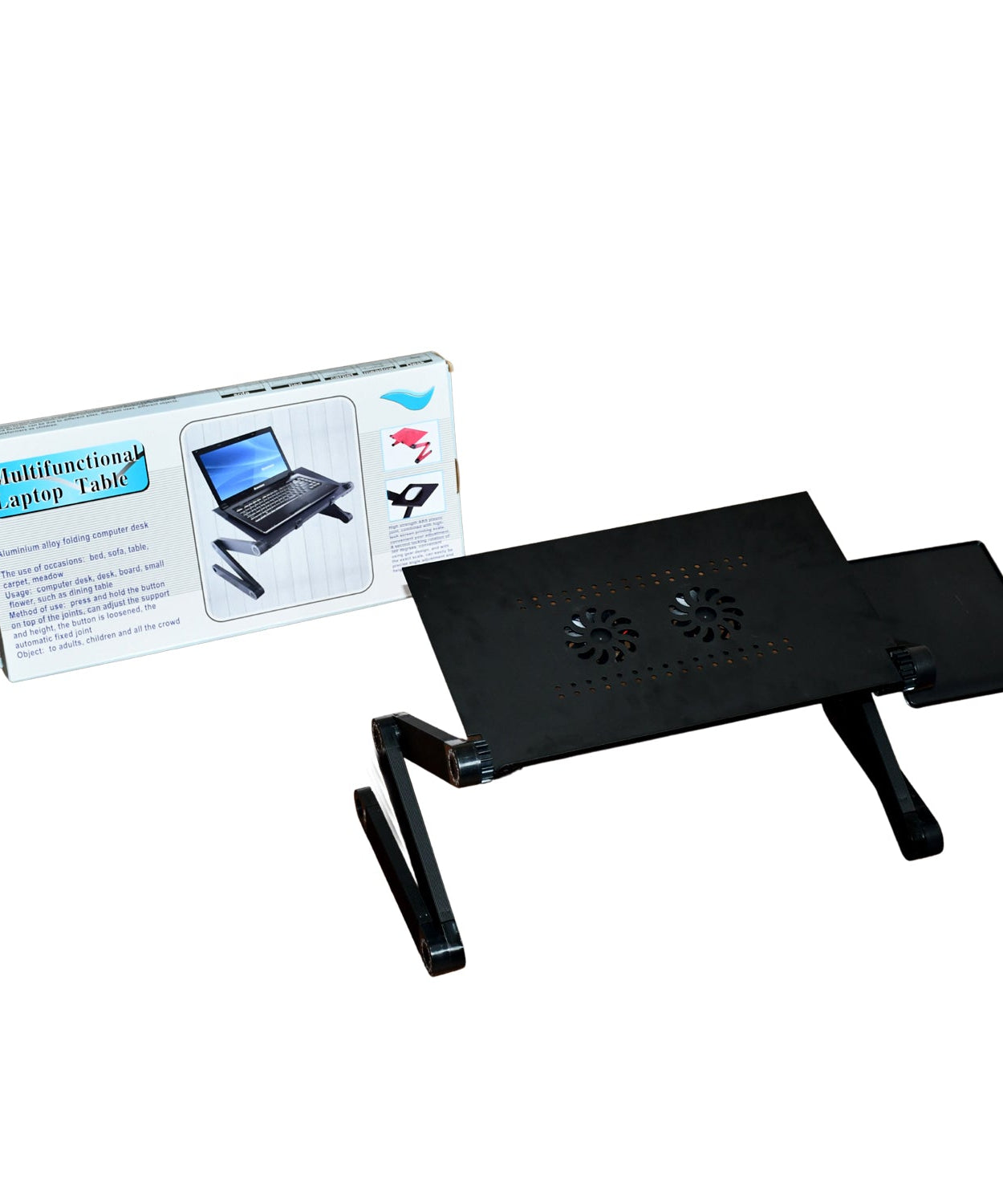 Adjustable and foldable laptop holder with built-in cooling fans, modern style.