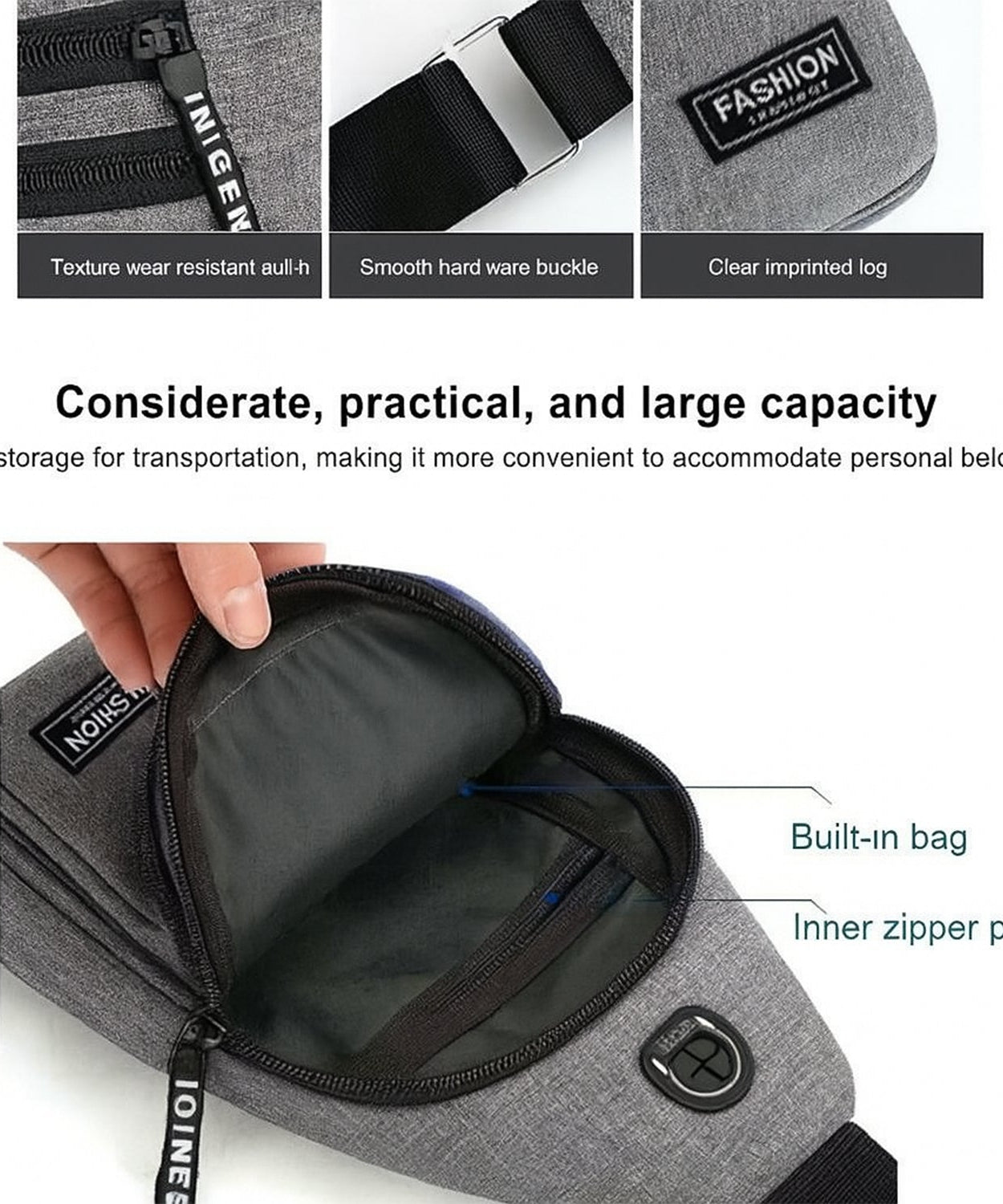 Waterproof Anti Theft Cross-body fanny pack waist bag, Shoulder Bags Chest Men Casual fashion USB Charging earphone hook Sling Travel Bag (1 Pc)