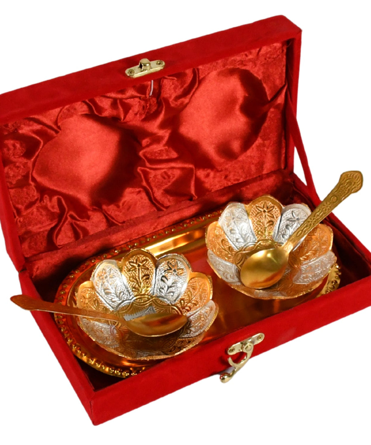 5in1 Gold Silver Plated 2 Bowl 2 Spoon Tray Set Brass with Red Velvet Gift Box Serving Dry Fruits Desserts Gift