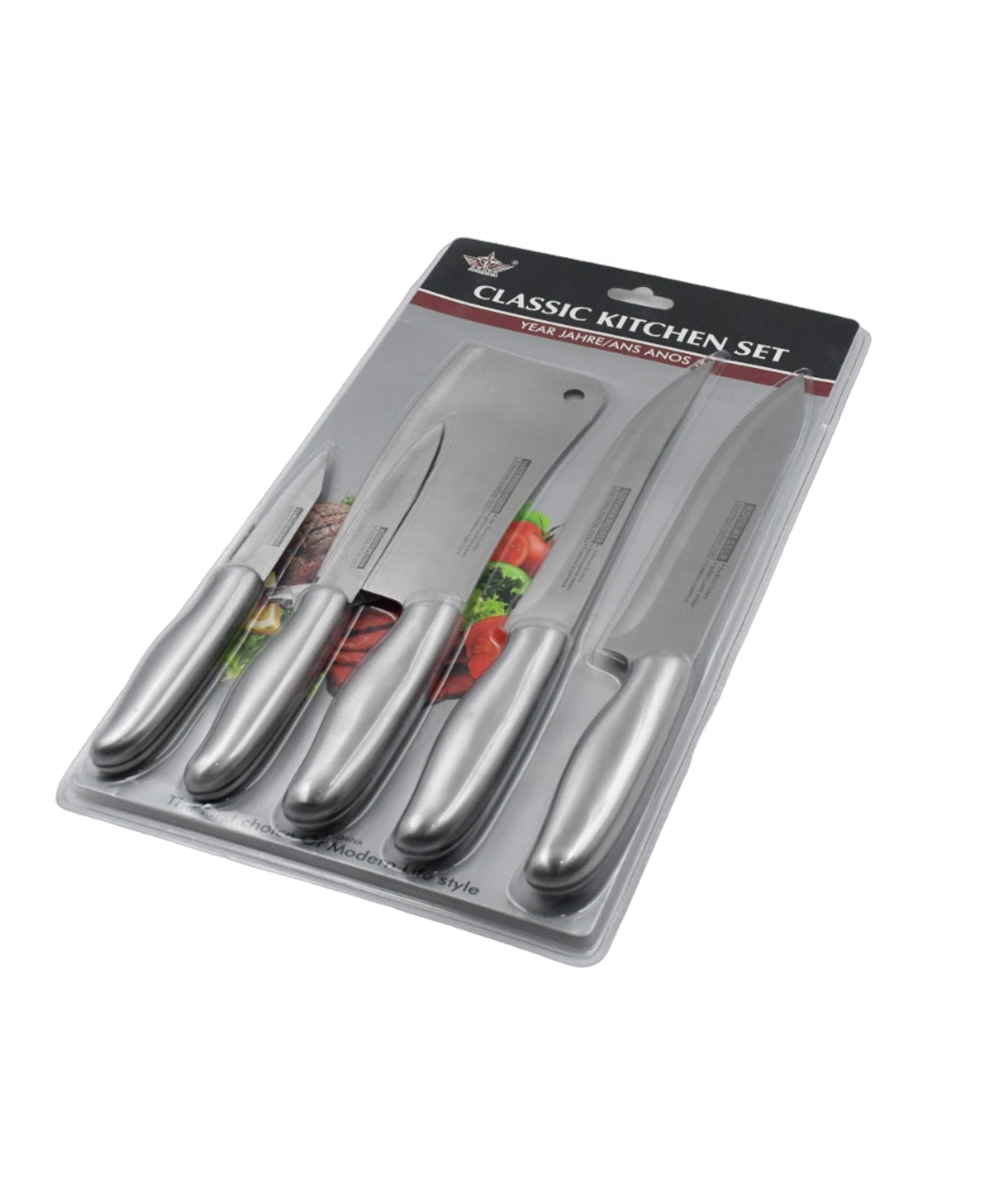 Quality kitchen knives set with stainless steel blades.