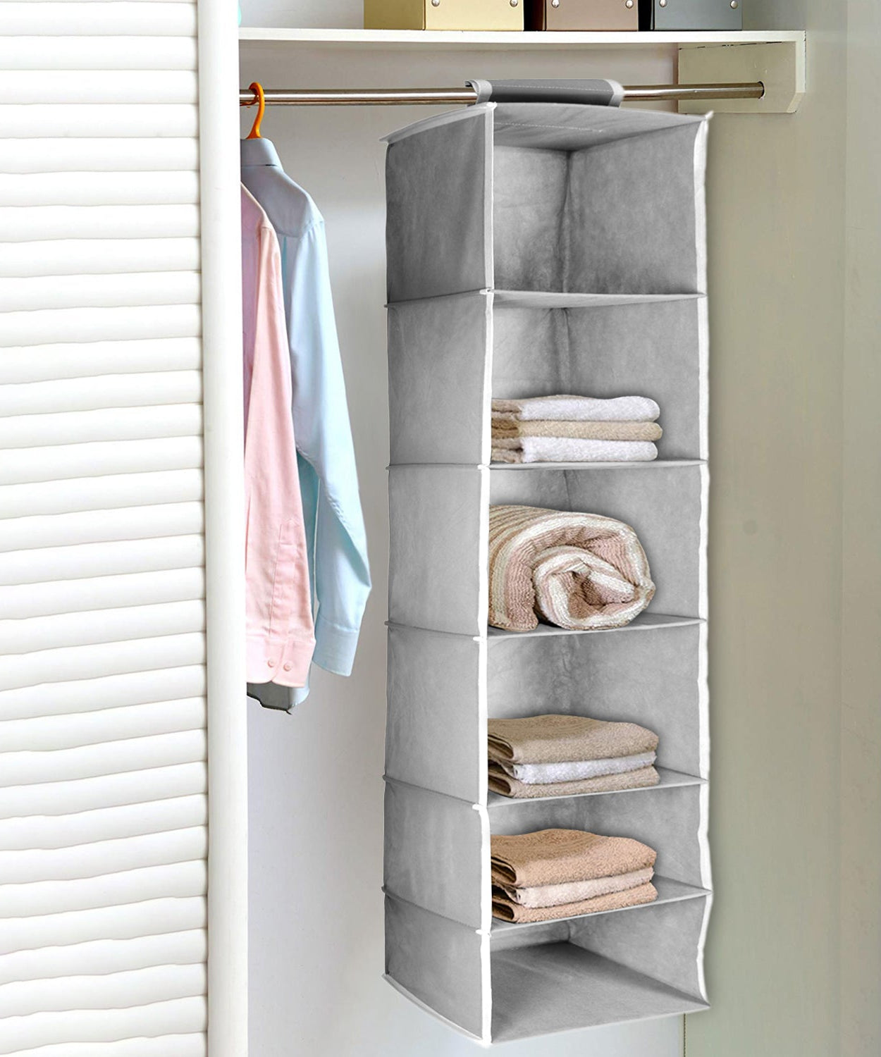 Efficient hanging organizer for keeping clothes tidy.