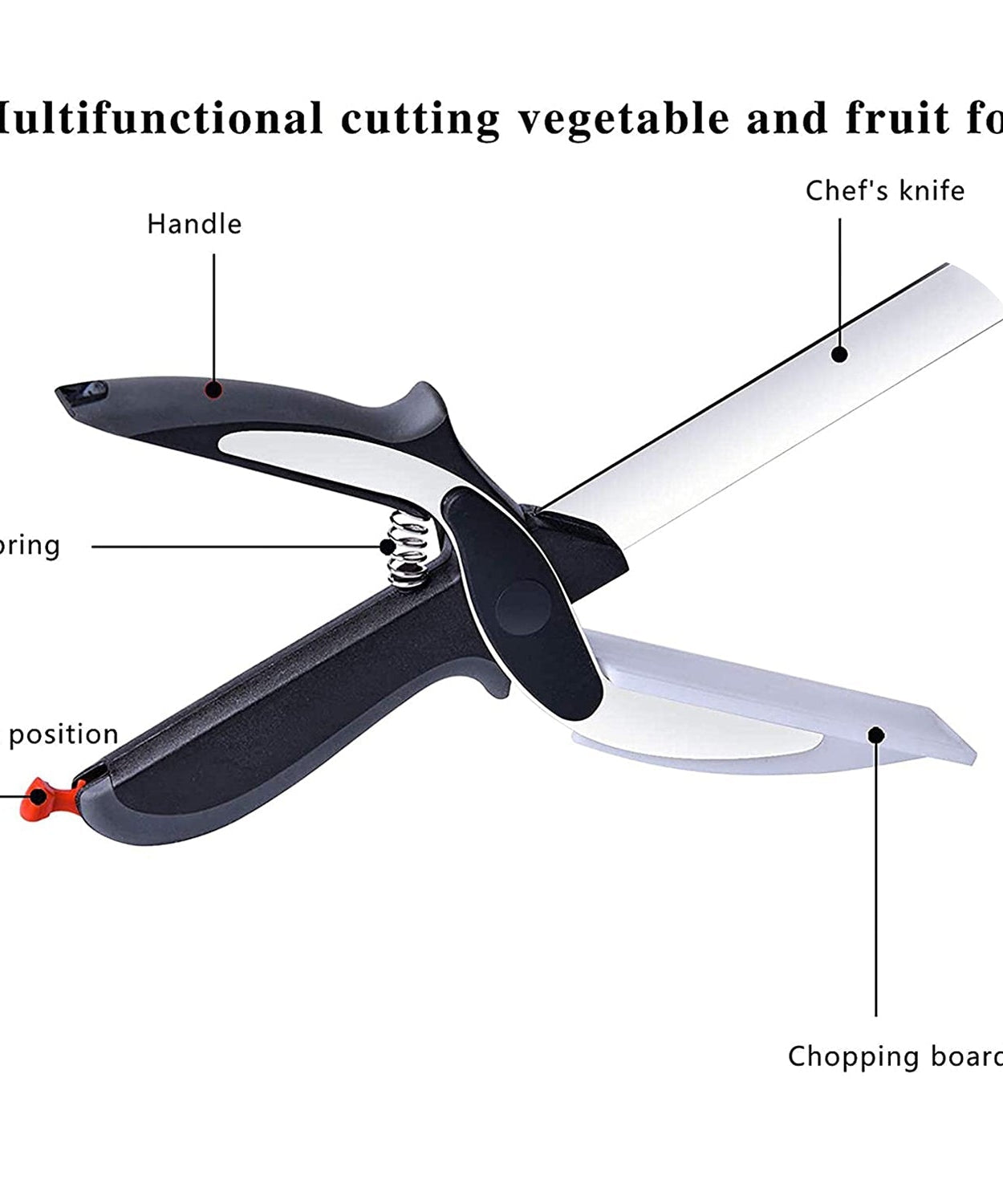 Vegetable and fruit cutter with handle, combines slicing and dicing.
