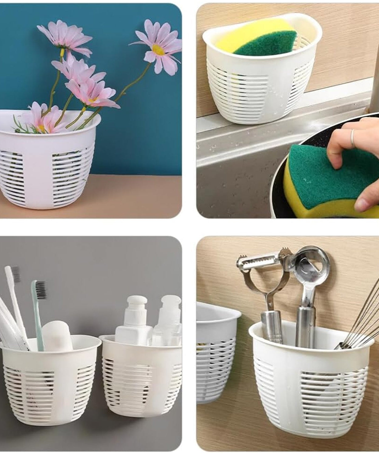 Hanging Plastic Storage Basket, Adhesive Wall Mounted Organizer Box Make Up Holder Shelf Bathroom Wall Basket Punch Free Drain Basket for Kitchen Bathroom, Wall Type Storage Basket (1 Pc)