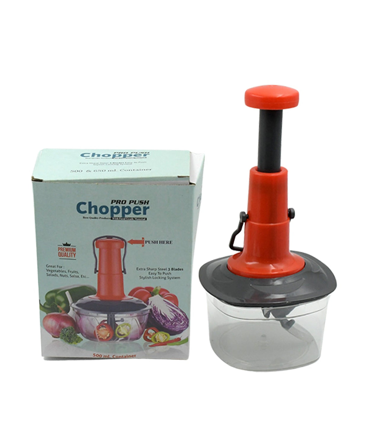 Manual chopper with anti-slip base and 3 stainless steel blades
