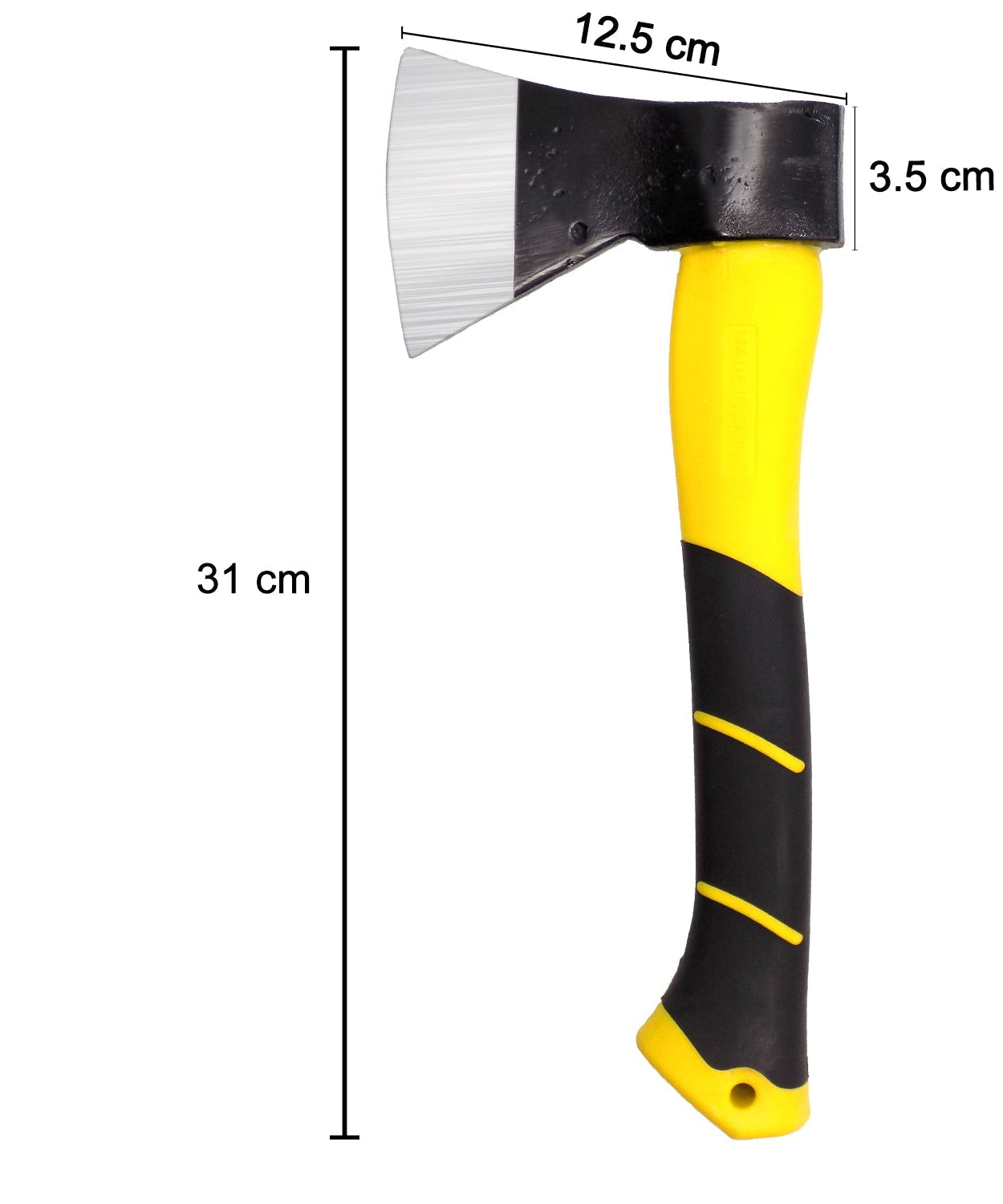 Hatchet axe with a rubberized and ergonomic handle.