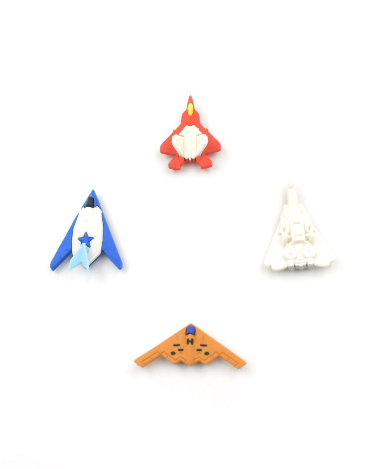 Kids' erasers shaped like guns and planes