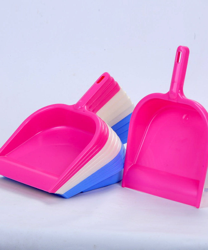 Lightweight and durable plastic dustpan with handle for quick clean-ups.