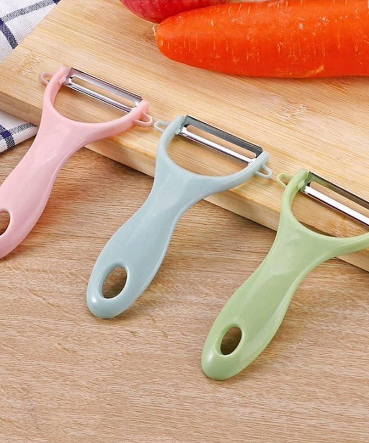 Plastic Kitchen Peeler - Green & Classic Stainless Steel 3-Piece Knife Set Combo