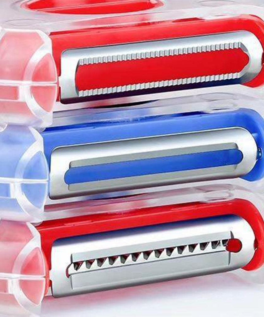 Rotary kitchen tool with peeler, slicer, and cutter, hanging design