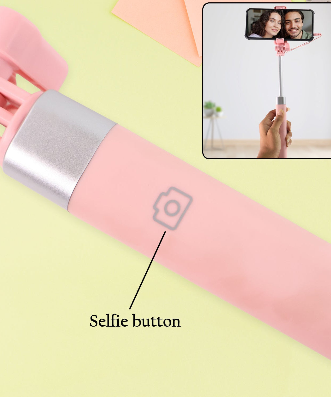 Wired Selfie Stick with Rearview Mirror & Built-In Shutter Button (1 Pc)