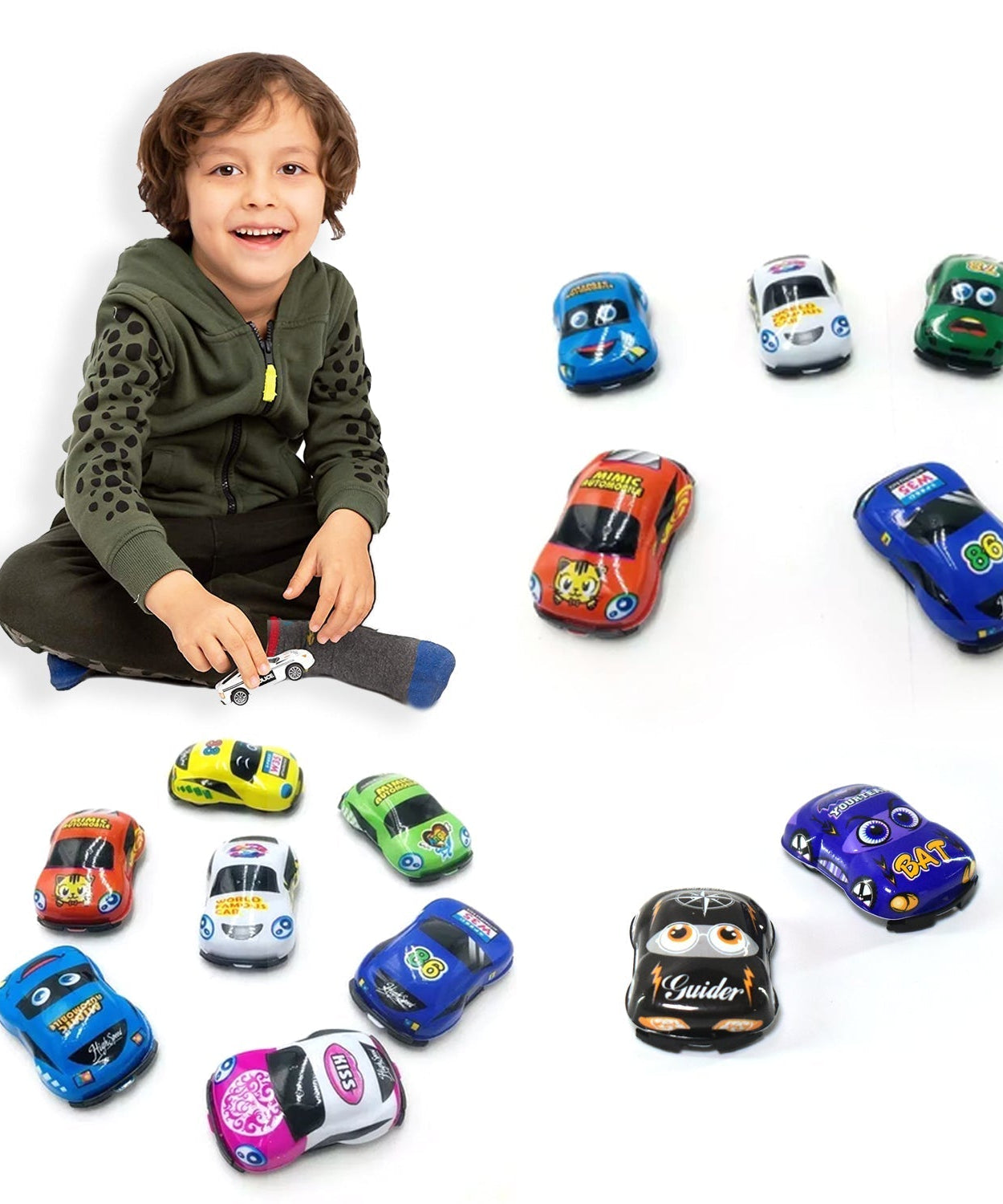 Mini pull back cars in assorted colors, great for kids' playtime.