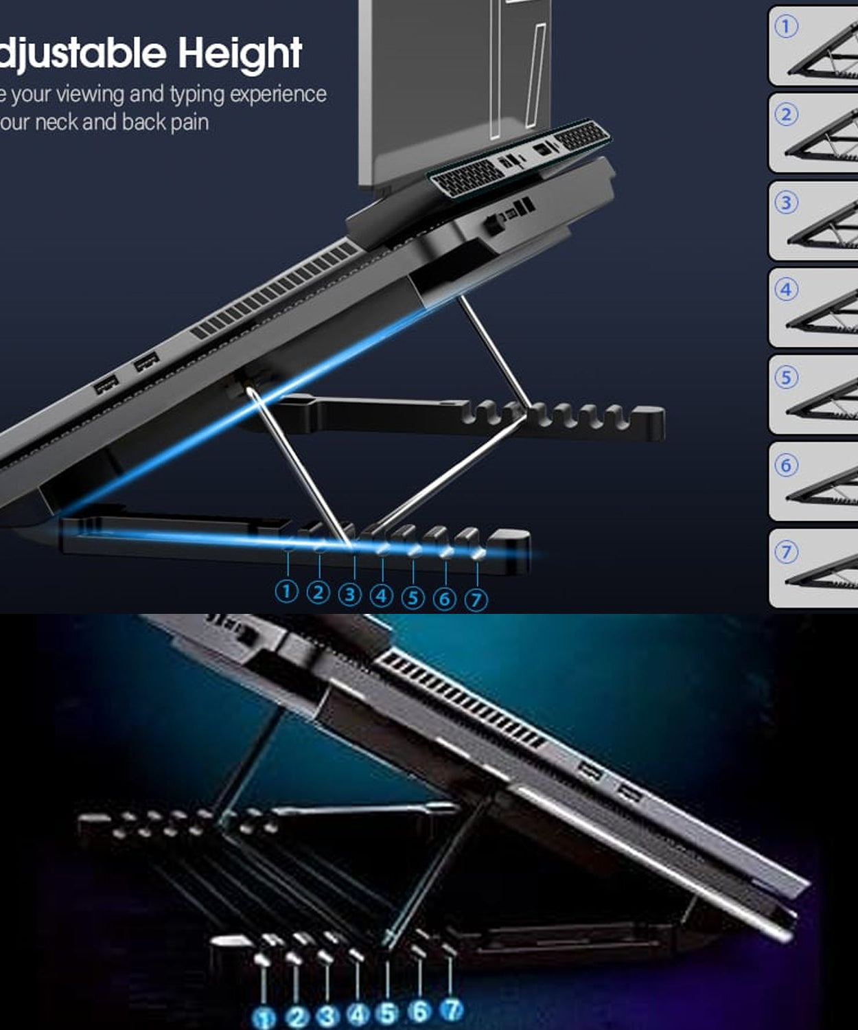 Laptop Cooler Cooling Pad with 2 Quiet Led Fans, Dual USB Ports, Portable Ultra Slim USB Powered 7 Heights Adjustable Laptop Stand for Gaming Laptop