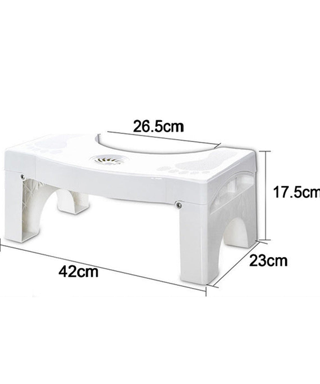 White plastic squat stool with secure non-slip feet for toilets.