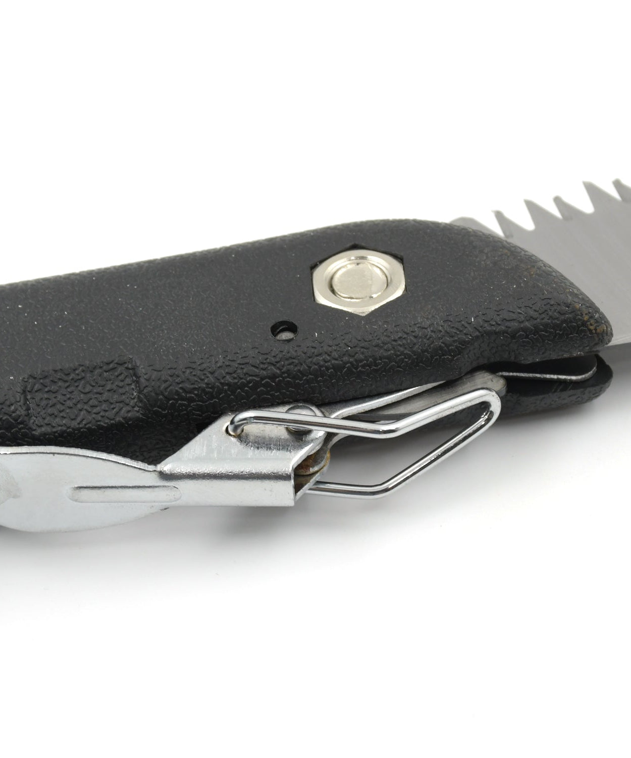 Compact folding handsaw for pruning and cutting, suitable for wood, PVC, and bone.