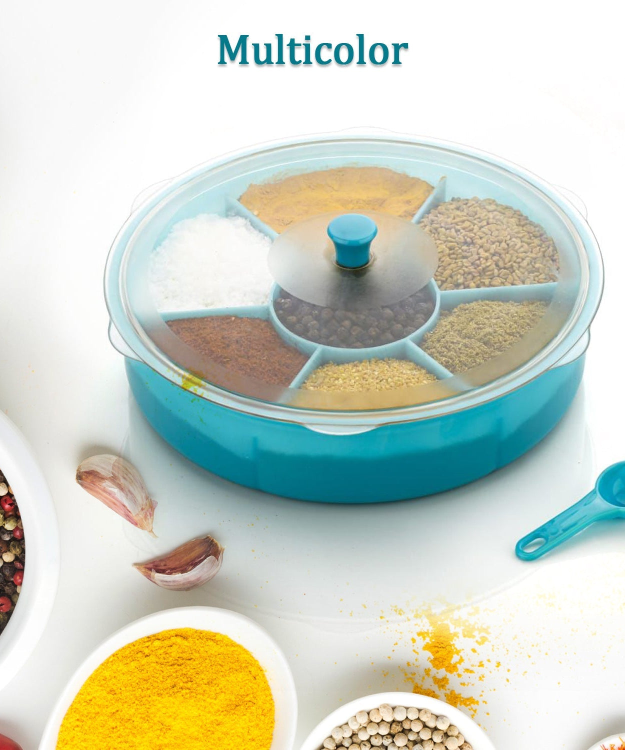 Multi-compartment dry-fruit and spice box with spoon