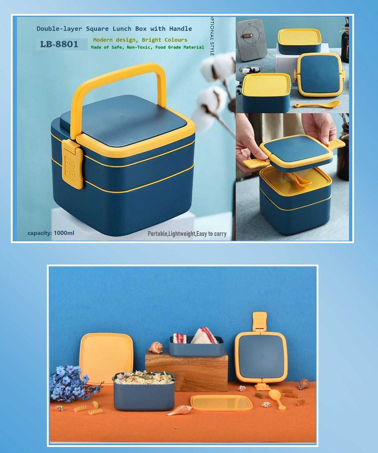 Two-layer blue lunch box with handle and spoon