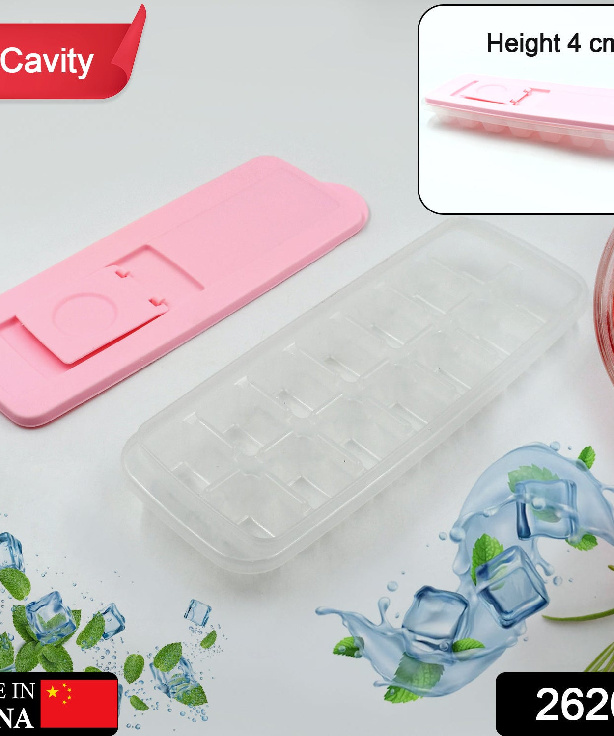 Flexible silicone ice cube tray with lid, makes 14 cubes, stackable and dishwasher safe.