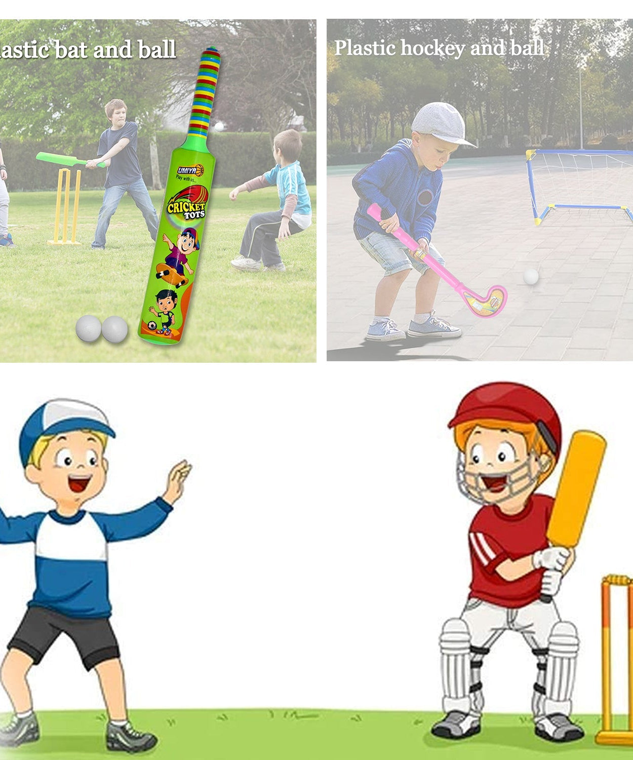 Kids using plastic bat, ball, and hockey set for active play