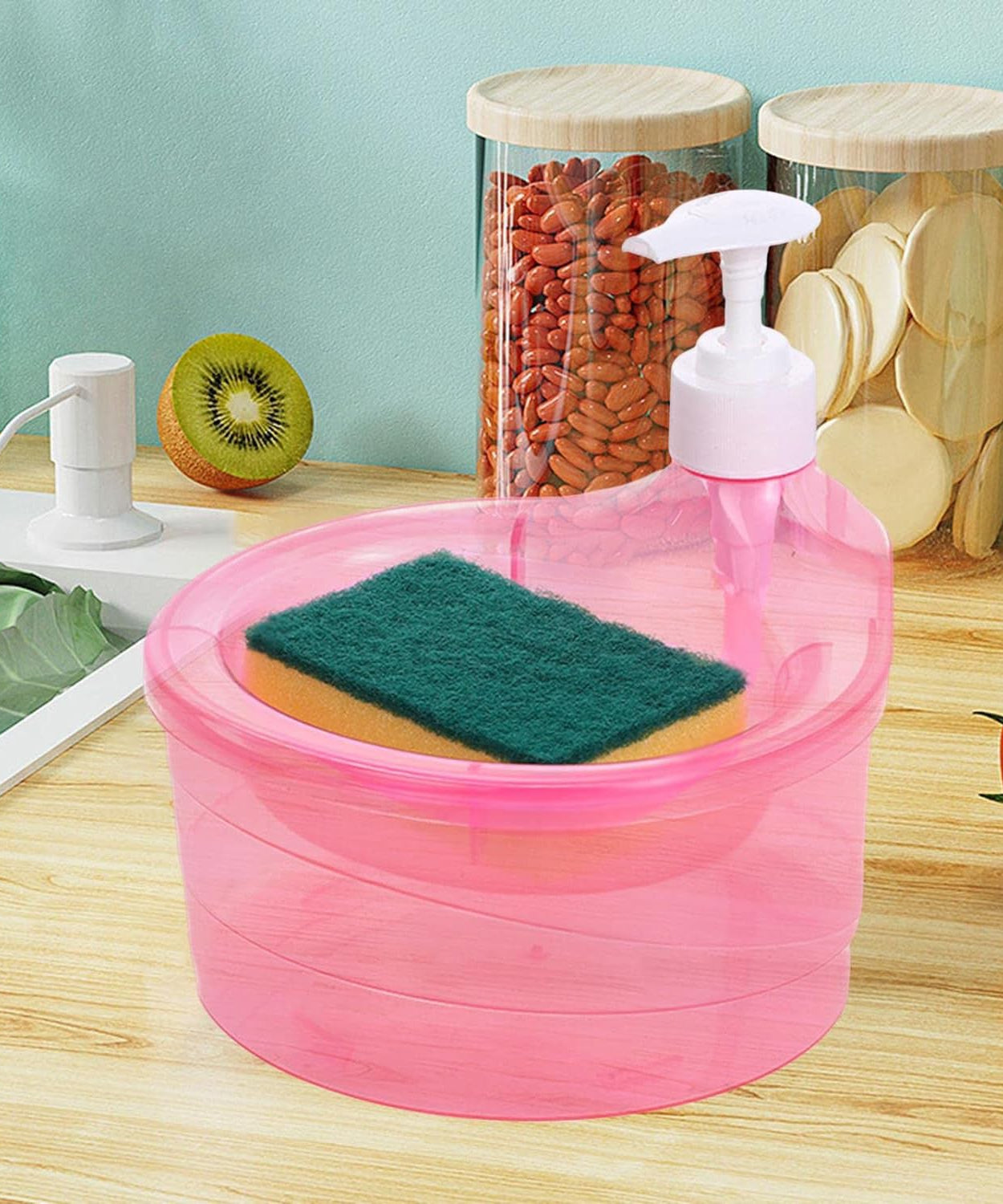 2-in-1 Double Layer Liquid Soap Dispenser with Pump & Sponge – Practical Kitchen & Hotel Sink Soap Pump Bottle (Rectangle)