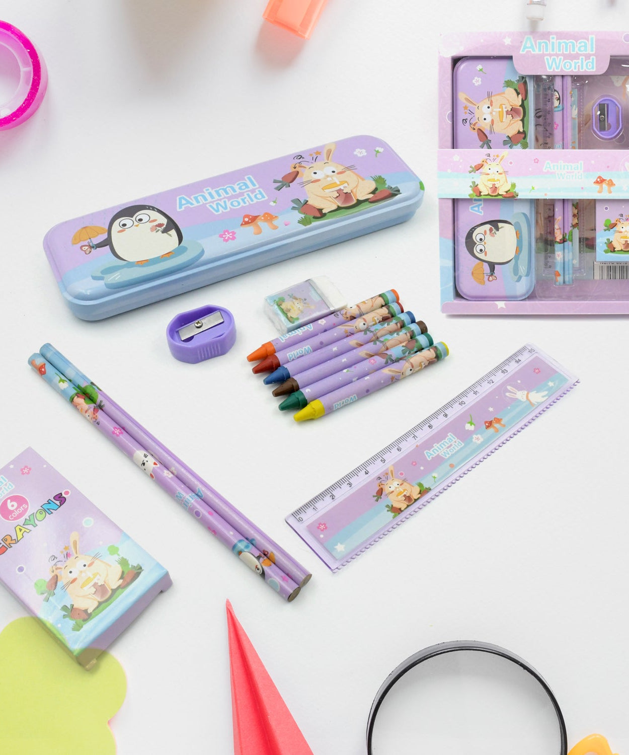 Stationery Kit for Kids - Metal Pencil Box, Sharpener, Pencil & Eraser (12 Pc Set)