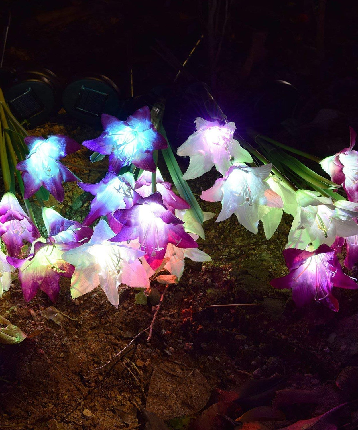 Solar-powered lily flower stake lights, detailed view
