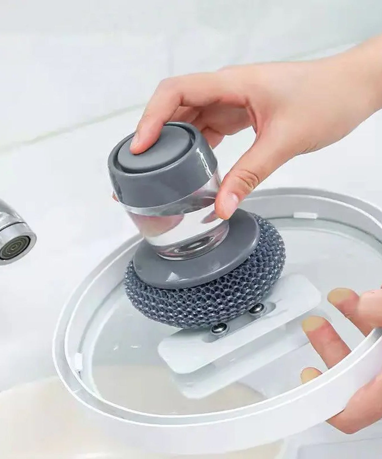 Versatile soap dispensing dish brush, easy to use and refill