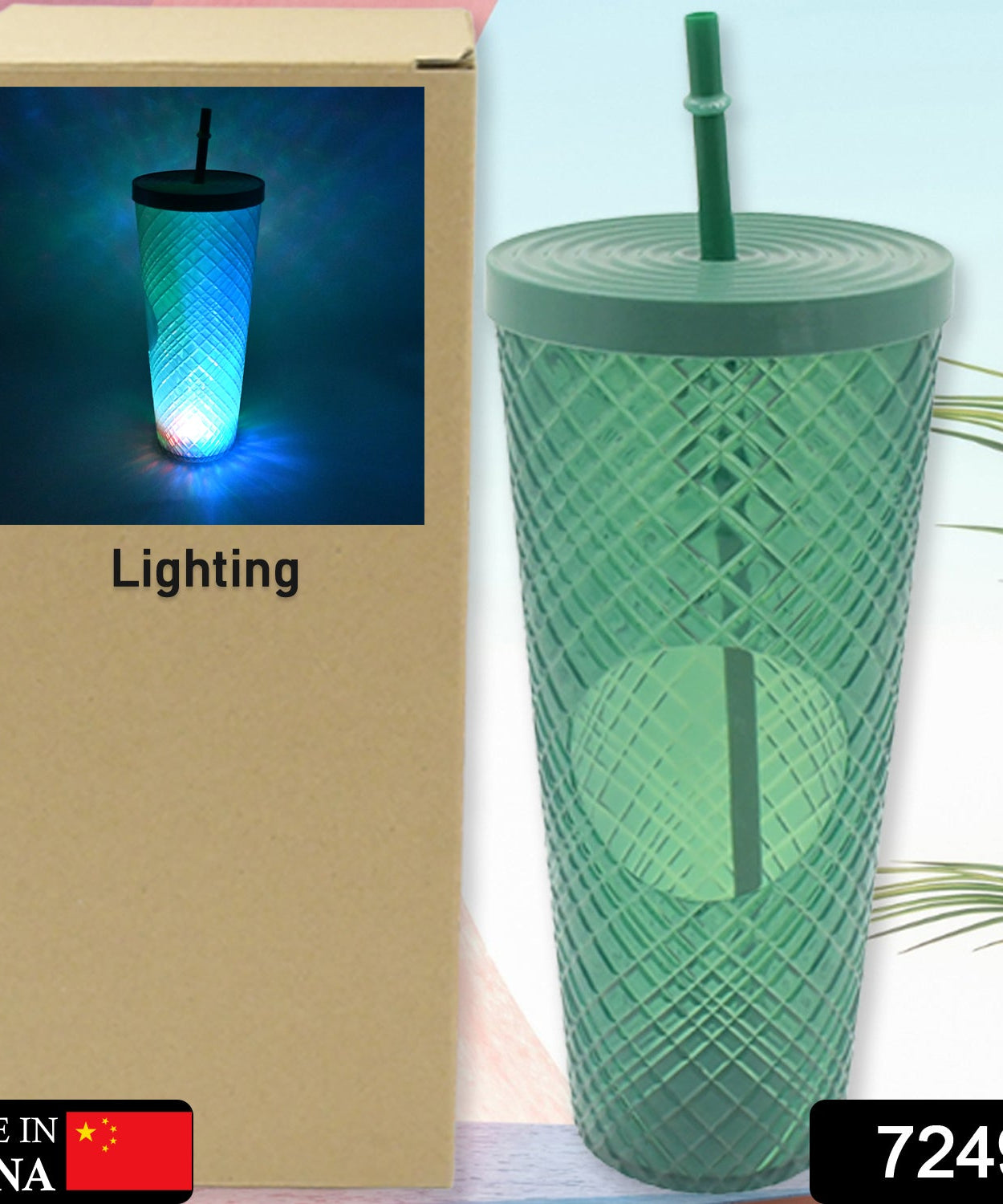 Cup with Straw &  LED Lighting Reusable Matte Studded Tumbler with Leak Proof Lid Water Cup Travel Mug Coffee Ice Water Bottle Double Walled Insulated Tumbler BPA Free (1 Pc)