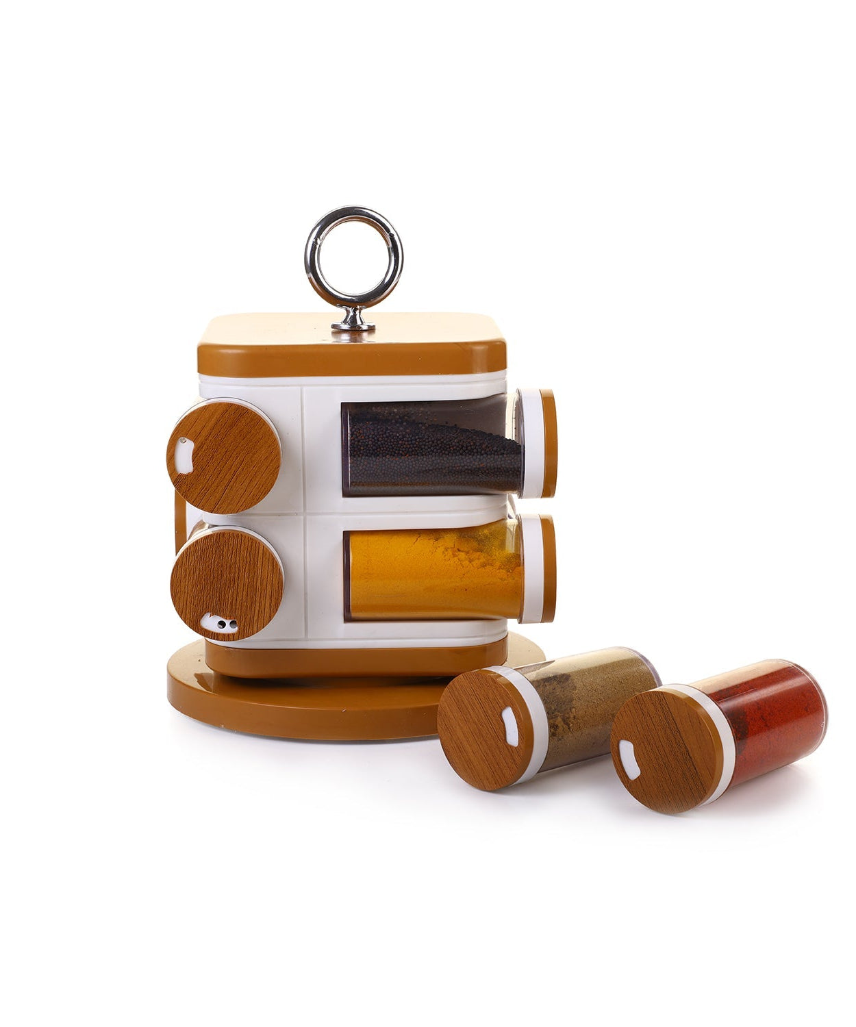 Ganesh Storewell spice rack, 8 plastic jars, shown from different angles.