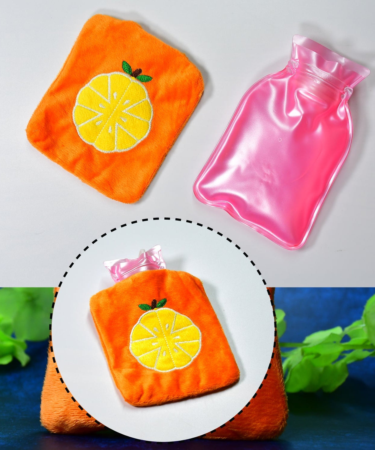 Orange hot water bag with cover, suitable for menstrual cramps and warming