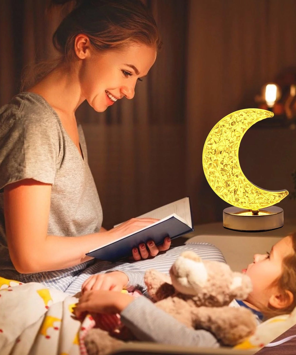Crystal Table Lamp | Moon Shape Touch Control Lamp with 3 Color | Metal Bedside Lamp for Kids Bedroom Romantic Desktop Nightstand | Stepless Dimming USB Charging Touch Night Light