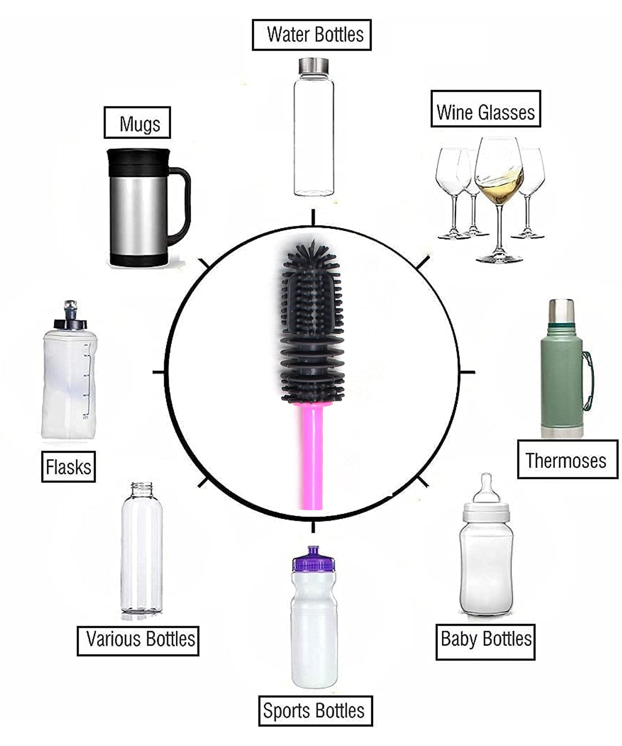 Long brush for cleaning water bottles, close-up view