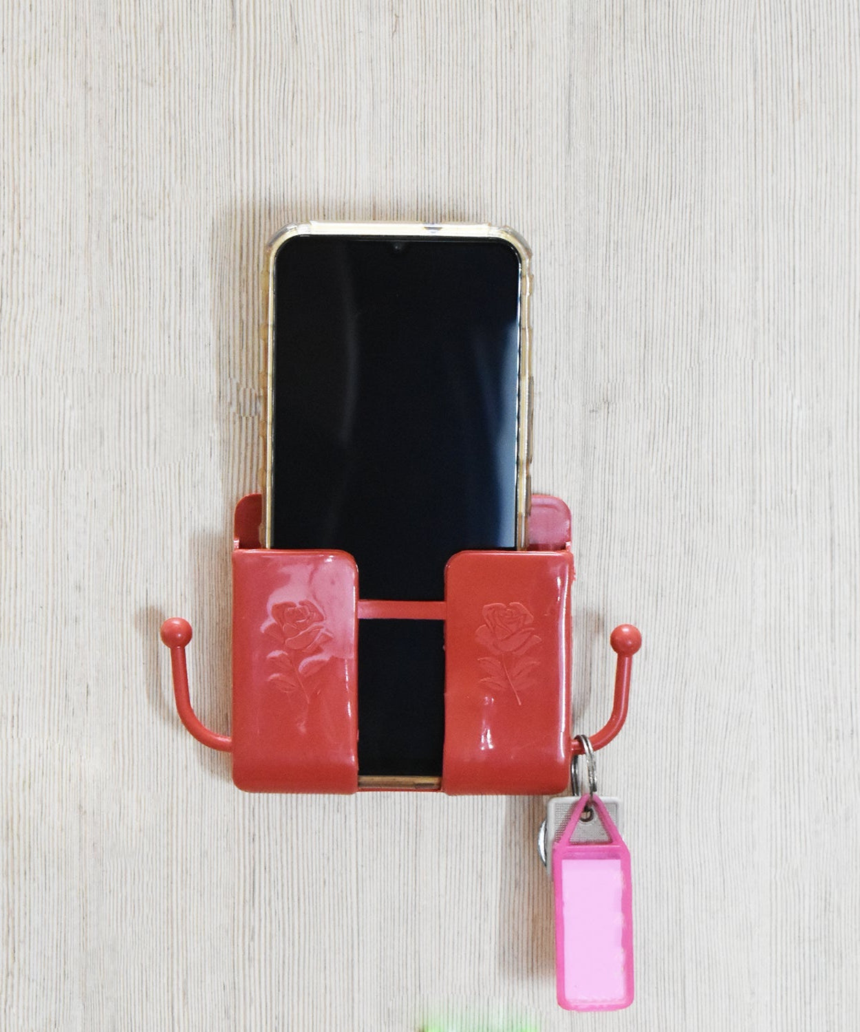 Set of 4 wall mounted storage boxes with hooks for organizing remotes.