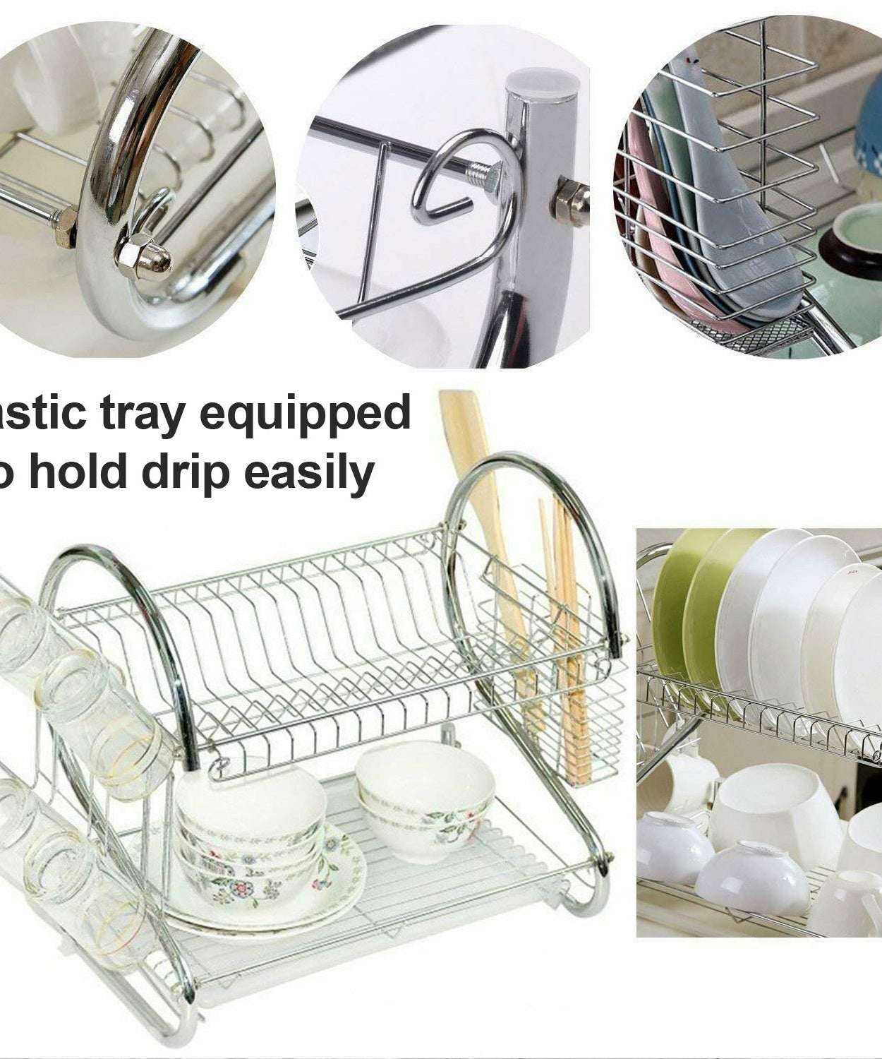 2-layer kitchen dish rack, stainless steel with space for plates and utensils