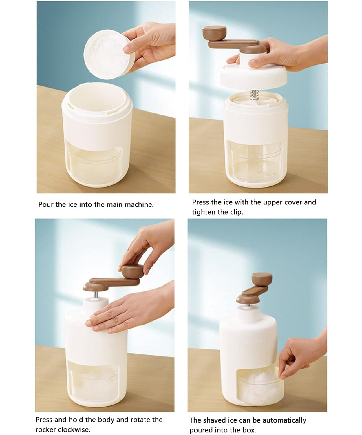 Ice shaver machine for home use, hand-cranked and compact.