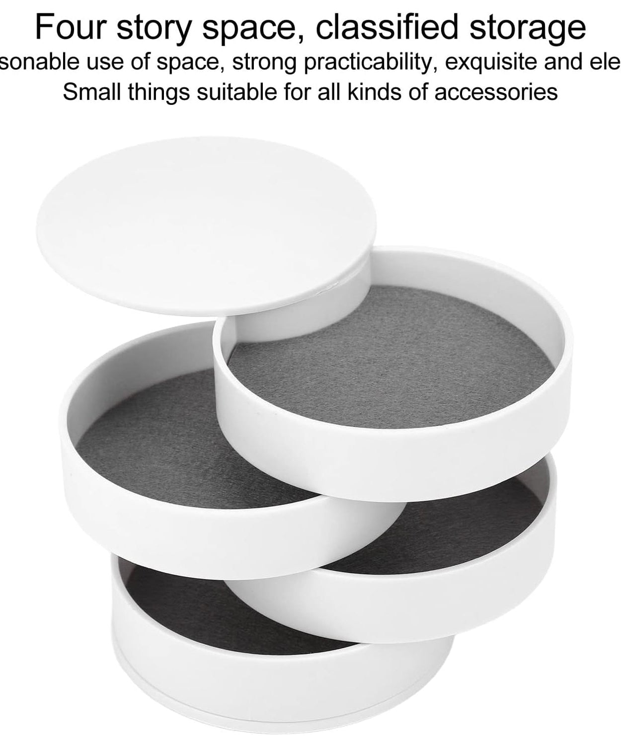 Jewelry and earring organizer box with four layers and rotating function, includes a mirror.