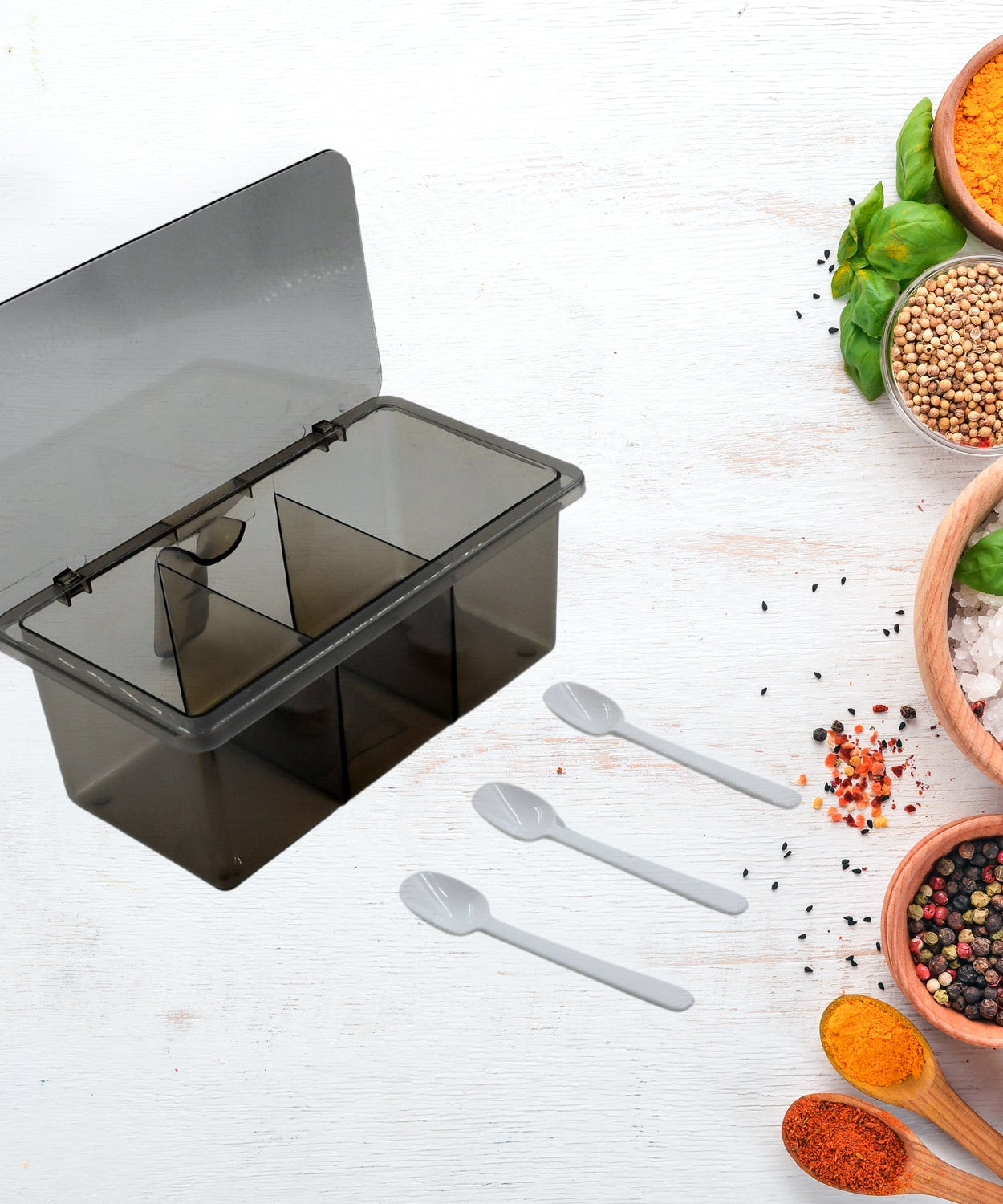 Portable seasoning box with three divided sections and lid, ideal for bars or restaurants.
