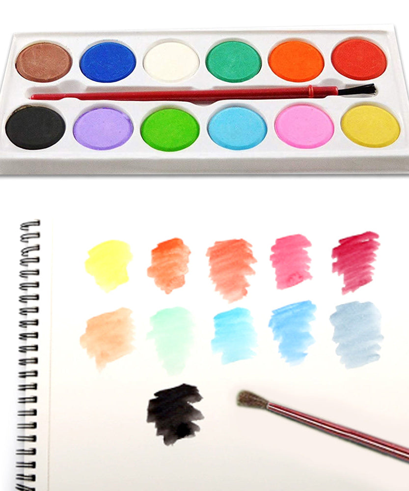 Watercolor kit with 12 paint shades and brush for art projects.