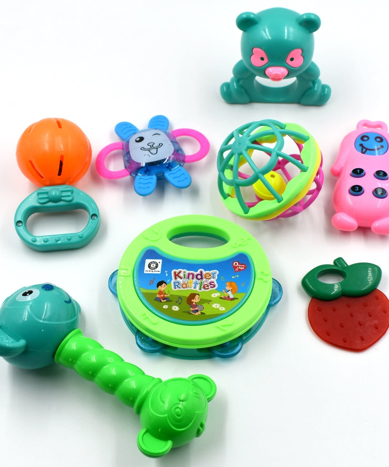 Textured baby rattle with bright colors designed to engage and entertain toddlers.