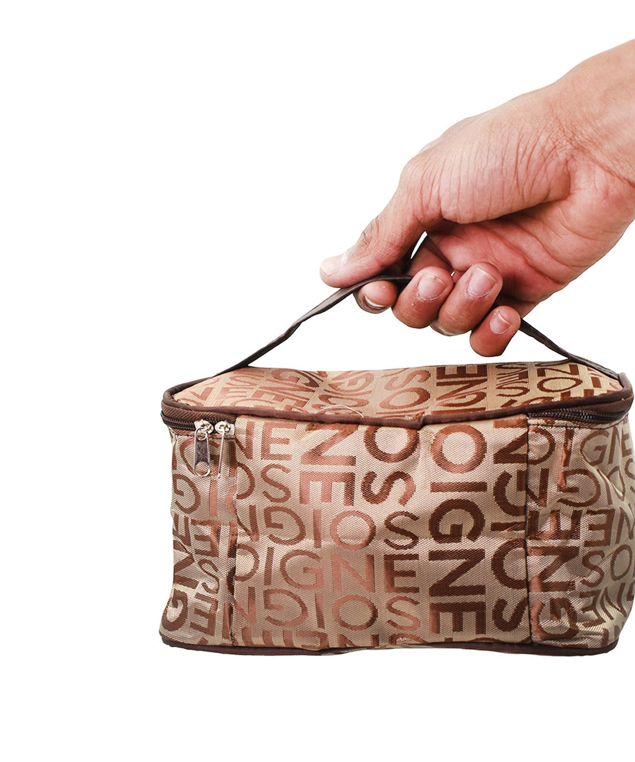 Makeup bag with multiple compartments for travel.