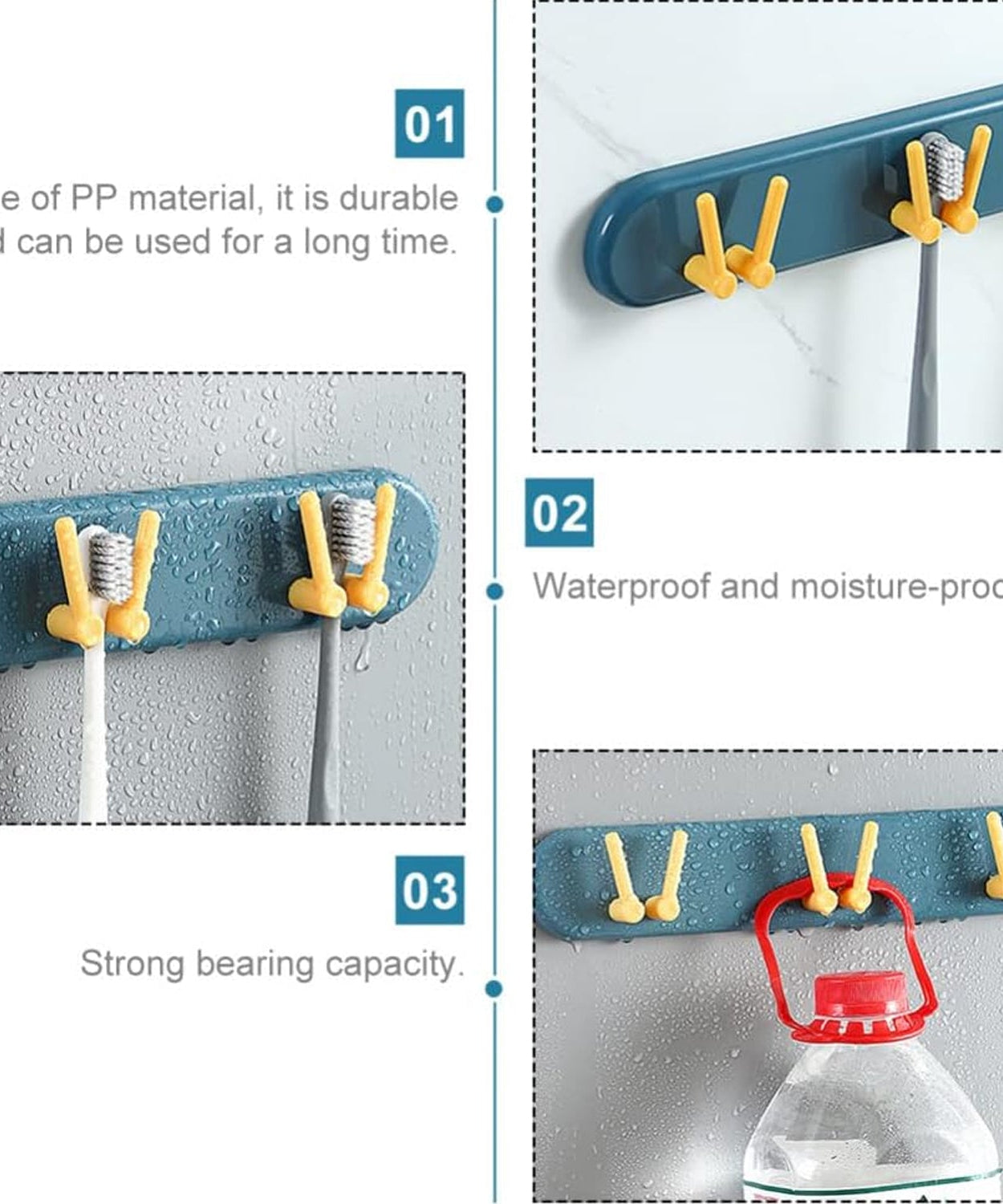 Wall-mounted bathroom shelf with hooks, ideal for organizing toothbrushes.