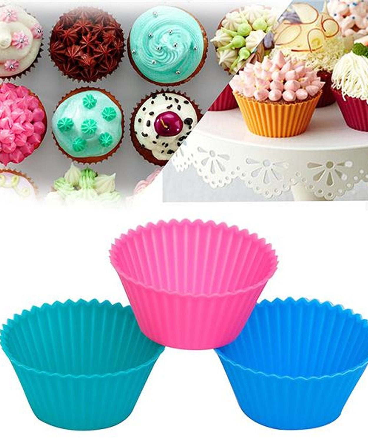 Silicone mould for cupcakes, non-stick surface.