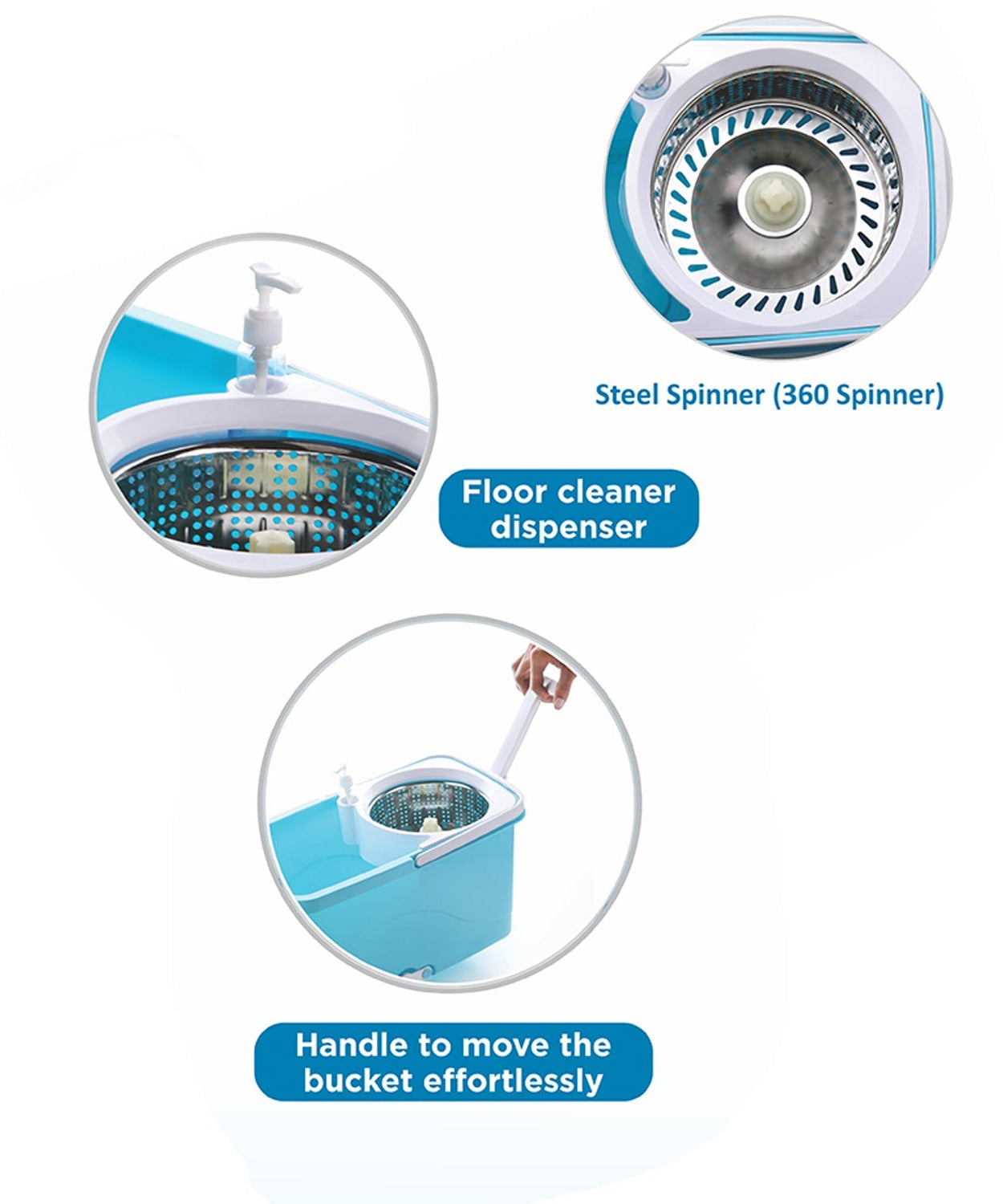 Bigger wheels and plastic handle spin mop for 360-degree cleaning, multiple views.