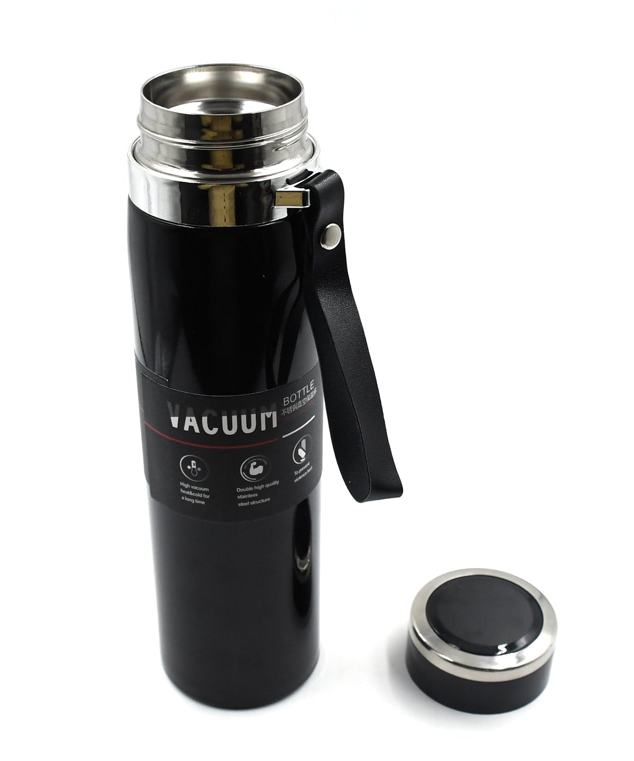 Side view of stainless steel flask highlighting its vacuum insulation.