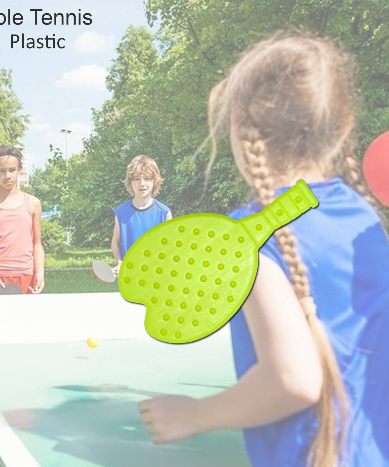 Table tennis racquet and ball set displayed with bright colors