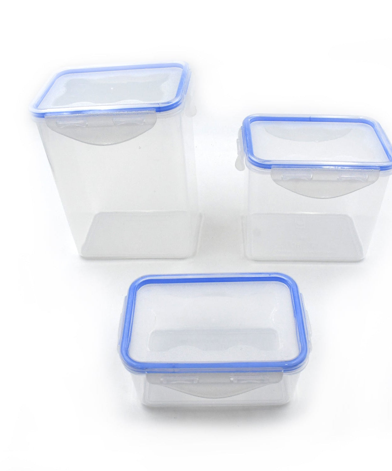 Plastic storage jars with air-tight lids for kitchen use.