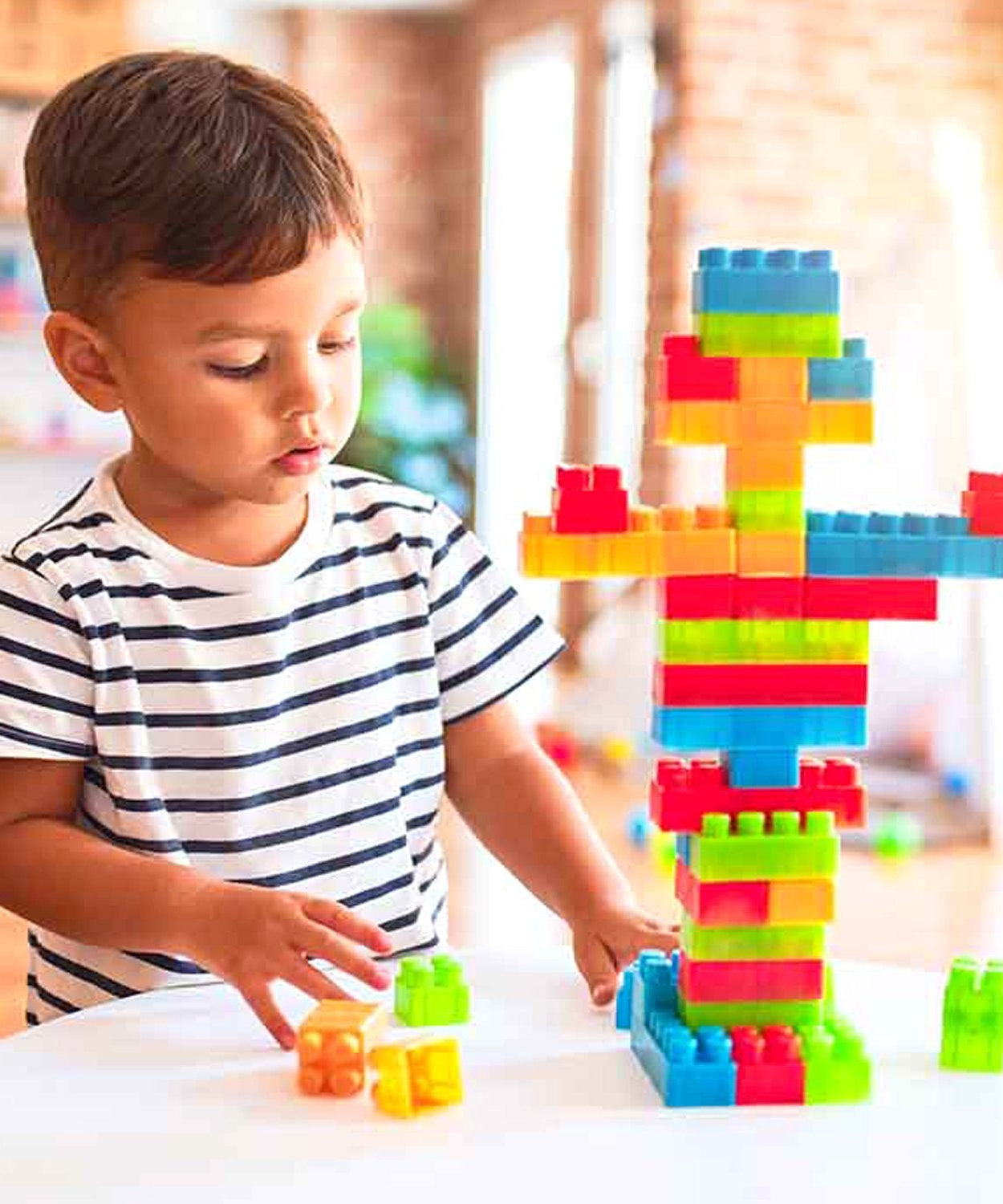 Close-up of various building blocks in a set, illustrating different types of pieces included